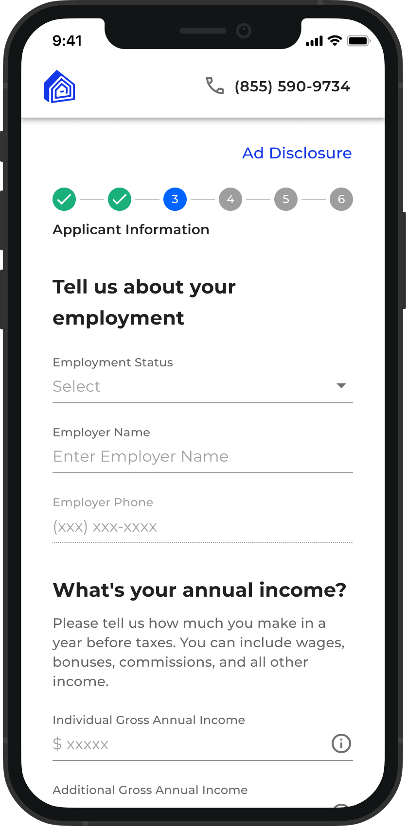 Mobile employment form with a six-step progress indicator, plain-language questions, and empty employment and income fields